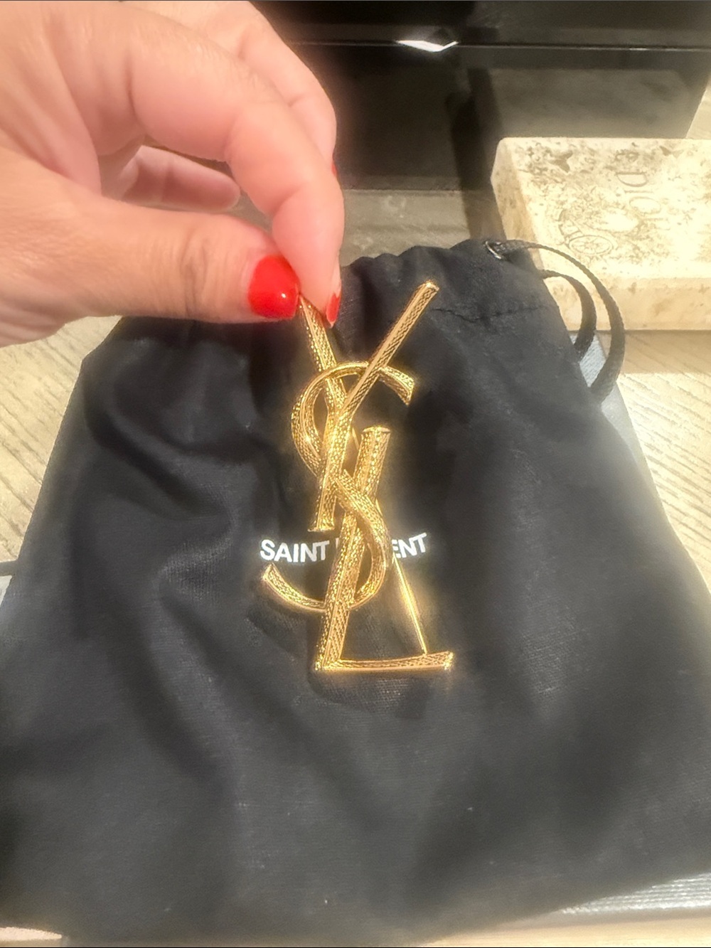 Saint Laurent Gold YSL Logo Charm with Black Pouch